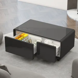 Modern Smart Coffee Table with Built-in Fridge, Bluetooth Speaker, Wireless Charging, Touch Control Panel, USB Interface, Outlet Protection, Atmosphere light, Black