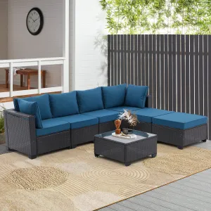 7 Pieces Outdoor Patio Furniture Set,Sectional Conversation Sofa Of Corner Chairs,Ottomans And Glass Top Table,All Weather PE Rattan and Steel Frame With  Removable Cushions(Coffee Peacock blue)