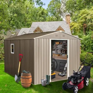 8ft x 10ft Outdoor Metal Storage Shed with Metal Floor Base,with Window,Grey(W540S00017)