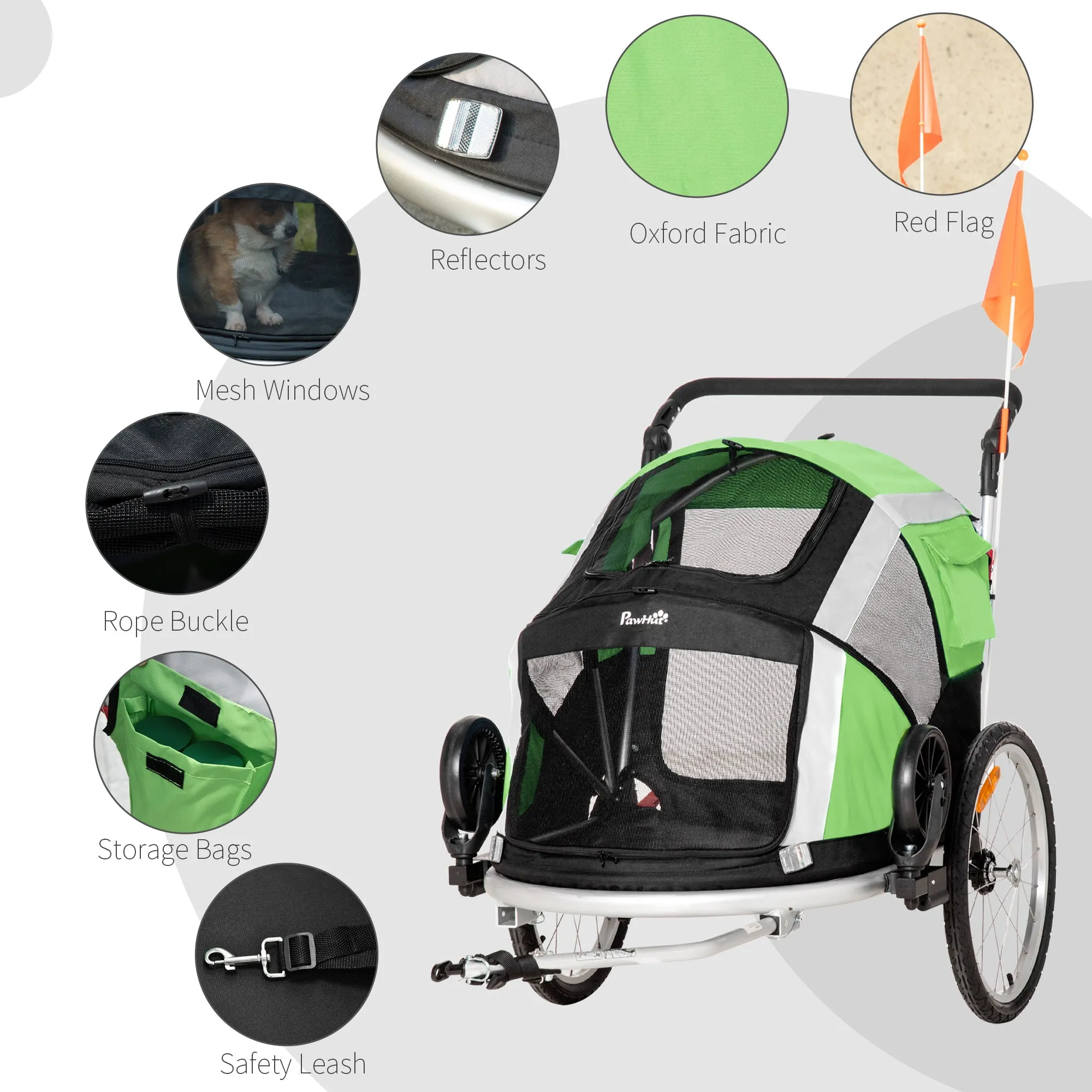 Dog Bike Trailer 2-in-1 Pet Stroller for Large Dogs Cart Foldable Bicycle Carrier Aluminium Frame with Safety Leash Hitch Coupler Flag Green