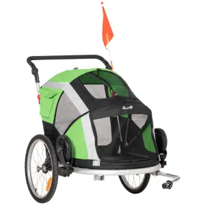 Dog Bike Trailer 2-in-1 Pet Stroller for Large Dogs Cart Foldable Bicycle Carrier Aluminium Frame with Safety Leash Hitch Coupler Flag Green