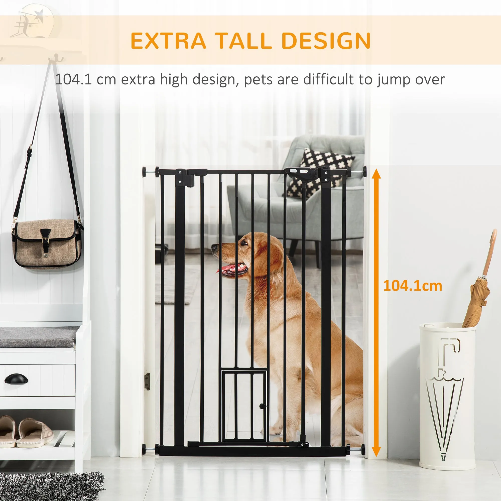 Extra Tall Dog Gate with Cat Flap, Pet Safety Gate for Doorways Stairs with Auto Close Double Locking, 104 cm Tall 74-101 cm Wide, Black