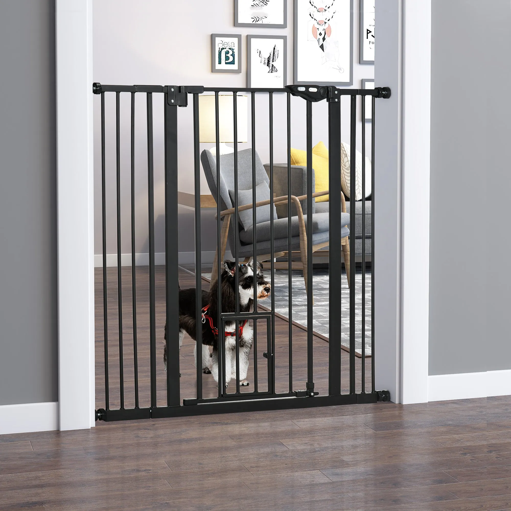 Extra Tall Dog Gate with Cat Flap, Pet Safety Gate for Doorways Stairs with Auto Close Double Locking, 104 cm Tall 74-101 cm Wide, Black