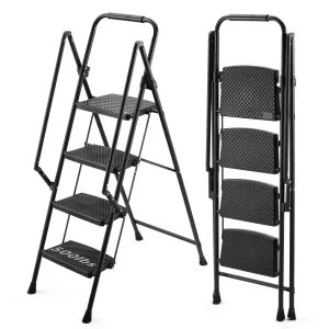 Four step ladder, lightweight folding four step stool, wide anti slip pedal and safety handle, sturdy steel ladder, multi-purpose step ladder, suitable for home, kitchen, and office elevators