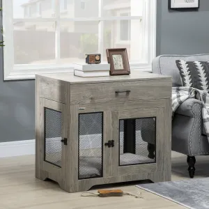 Indoor Use Dog Crate Furniture with Cushion, Double Doors Pet Kennel End Table with Drawer for Medium Dogs, Grey