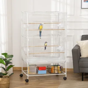 Large Bird Cage Budgie Cage for Finch Canaries Parakeet with Rolling Stand, Slide-out Tray, Storage Shelf, Food Containers, White